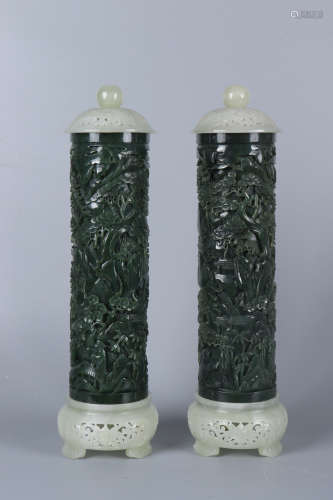 A PAIR OF SPINACH-GREEN JADE INCENSE PARFUMIERS