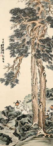 FIGURES AND PINE TREE PAINTING SCROLL, XU CAO MARK