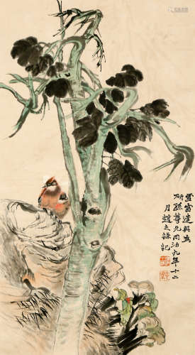 FLOWER AND BIRDS CHINESE PAINTING SCROLL, ZHAO ZHIQIAN MARK