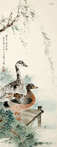 DUCKS CHINESE PAINTING SCROLL, HUANG JUNBI MARK