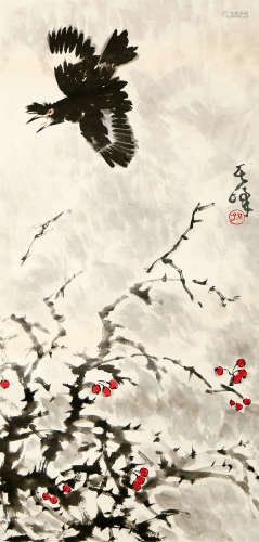 FLOWER AND BIRDS CHINESE PAINTING SCROLL, SUN QIFENG MARK