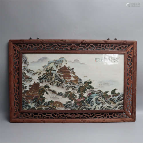 A VERDANT MOUNTAINS AND PAVILION PORCELAIN HANGING PLAQUE