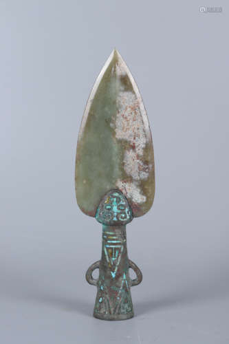 AN ARCHAIC GREENISH JADE BLADE AND BRONZE FITTING