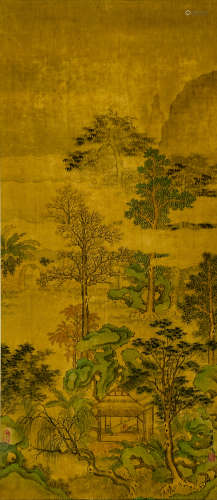 LANDSCAPE AND PAVILION CHINESE PAINTING SCROLL, QIU YING MAR...