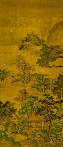 LANDSCAPE AND PAVILION CHINESE PAINTING SCROLL, QIU YING MAR...