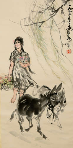FIGURE AND DONKEY CHINESE PAINTING SCROLL, HUANG ZHOU MARK