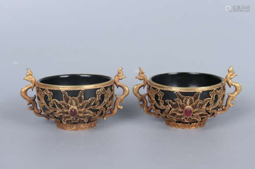 A PAIR OF FILIGREE INLAID SPINACH-GREEN JADE BOXIANG FLOWER ...