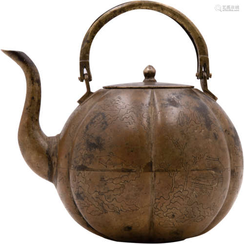清代	 刻铜山水纹铜茶壶