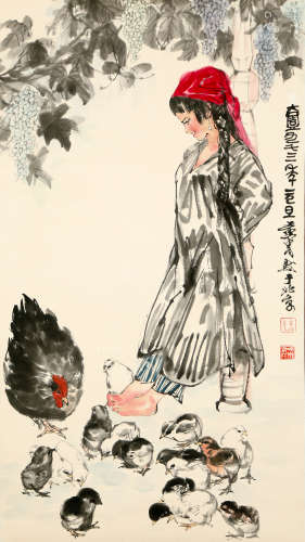 A CHINESE ROOSTER FAMILY AND FIGURE PAINTING SCROLL, HUANG Z...