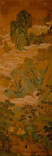 A CHINESE LANDSCAPE AND FIGURE PAINTING SCROLL, QIU YING MAR...