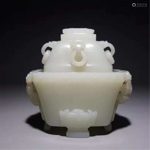A CARVE WHITE JADE BEAST-LEG INCENSE BURNER AND COVER