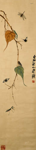 A CHINESE BUG AND INSECT PAINTING SCROLL, QI BAISHI MARK
