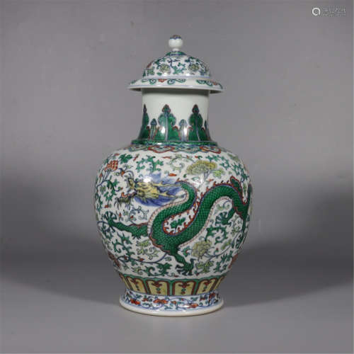 A GREEN-ENAMEL CHILONG GINGER JAR AND COVER