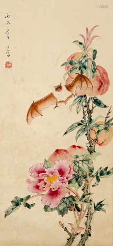 A CHINESE FLOWERS AND BATS PAINTING SCROLL, PU RU MARK