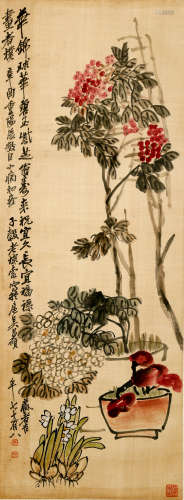 A CHINESE FLOWERS PAINTING SCROLL, WU CHANGSHUO MARK