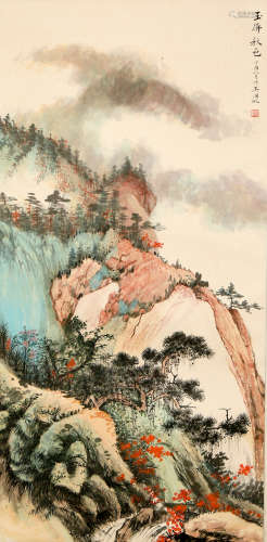 A CHINESE LANDSCAPE OF AUTUMN VIEW PAINTING SCROLL, WU HUFAN...