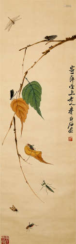 A CHINESE GRASS AND INSECT PAINTING SCROLL, QI BAISHI MARK