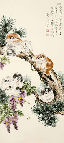 A CHINESE CAT GROUP AND GRAPEVINES PAINTING SCROLL, SUN JUSH...