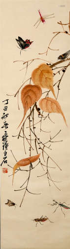 A CHINESE GRASS AND INSECT PAINTING SCROLL, QI BAISHI MARK