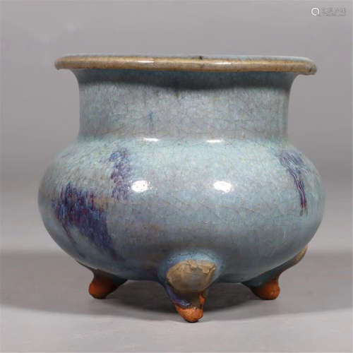 A JUN WARE PURPLE SPLASHED TRIPOD CENSER