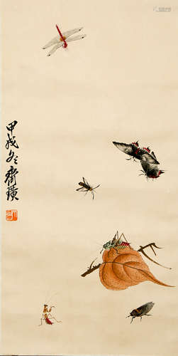 A CHINESE GRASS AND INSECT PAINTING SCROLL, QI BAISHI MARK