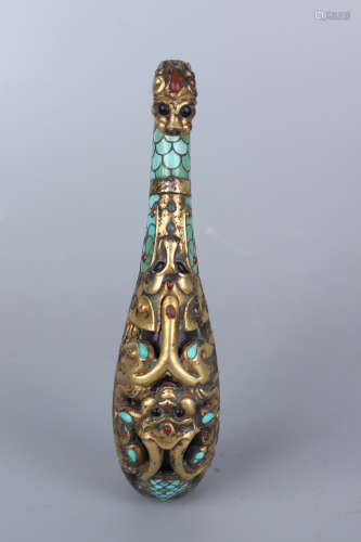 A TURQUOISE AND GOLD INLAID DRAGON BELT HOOK