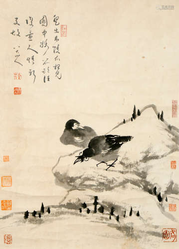 A CHINESE BIRDS AND MOUNTAINS PAINTING SCROLL, BADASHANREN M...