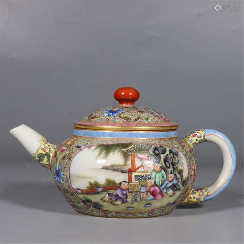 A FAMILLE ROSE FIGURAL TEAPOT