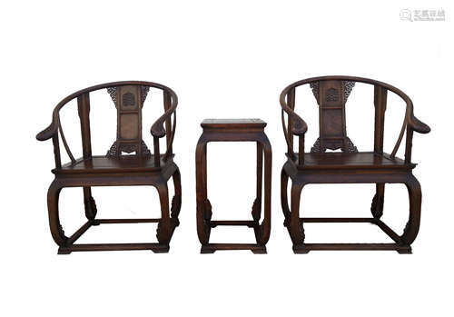 A SET OF THREE HUANGHUALI IMPERIAL ARMCHAIRS AND FLOWER TABL...