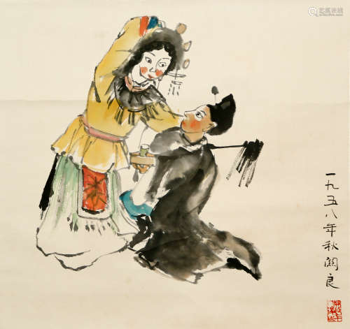 A CHINESE FIGURE PAINTING SCROLL, GUAN LIANG MARK