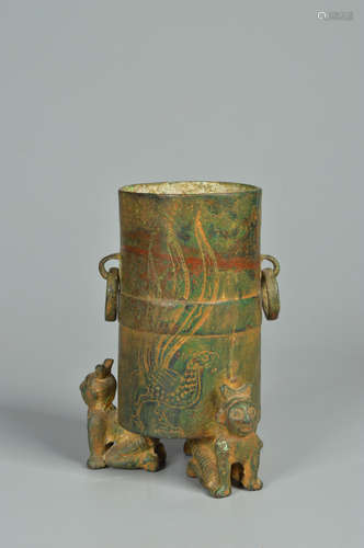 A BRONZE CYLINDRICAL INCENSE BURNER