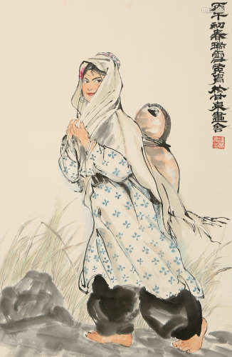 A CHINESE FIGURE PAINTING SCROLL, HUANG ZHOU MARK