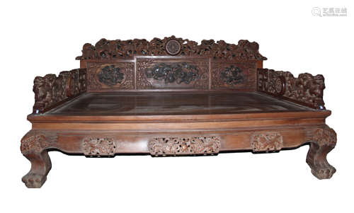 A CARVED HUALI LION CANOPY LUOHAN BED