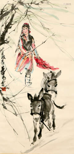 A CHINESE DONKEY AND FIGURE PAINTING SCROLL, HUANG ZHOU MARK
