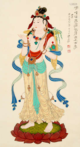 A CHINESE BUDDHA STATUE PAINTING SCROLL, ZHANG DAQIAN MARK