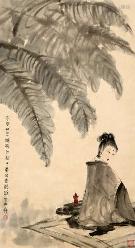 A CHINESE BEAUTY AND PLANTAIN PAINTING SCROLL, FU BAOSHI MAR...