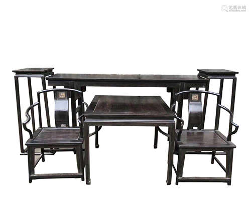 A SET OF SIX CHINESE SANDALWOOD FURNITURE, ARMCHAIRS, SIDETA...