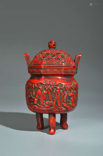 A LACQUER FIGURAL TRIPOD INCENSE BURNER AND COVER