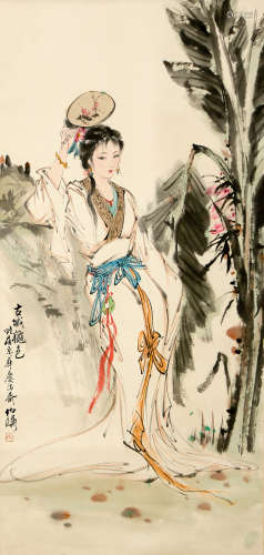 A CHINESE LADY PAINTING SCROLL, BAI BOHUA MARK
