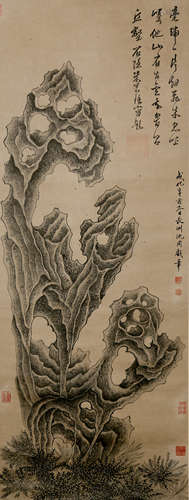 A CHINESE STONE PAINTING SCROLL, SHEN ZHOU MARK