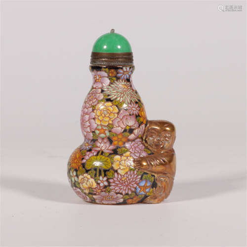 A FAMILLE ROSE BOY AND FLOWERS DOUBLE GOURD-SHAPED SNUFF BOT...