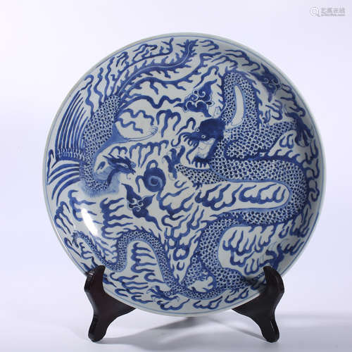 Blue and white plate with dragon and phoenix pattern in Qing...