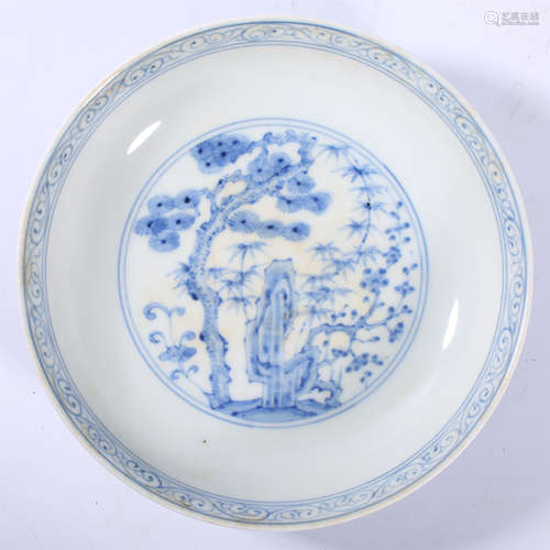 Blue and white pine bamboo plum plate in Chenghua of Ming Dy...