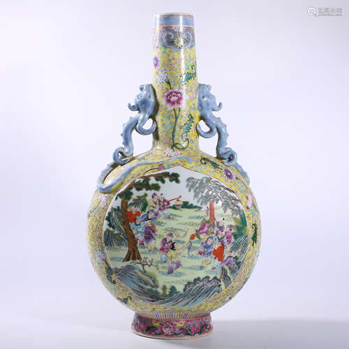 Qing Dynasty pastel character story double ear bottle