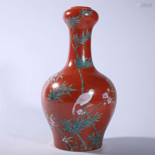 Qing Dynasty Yongzheng famille rose vase with flower and bir...