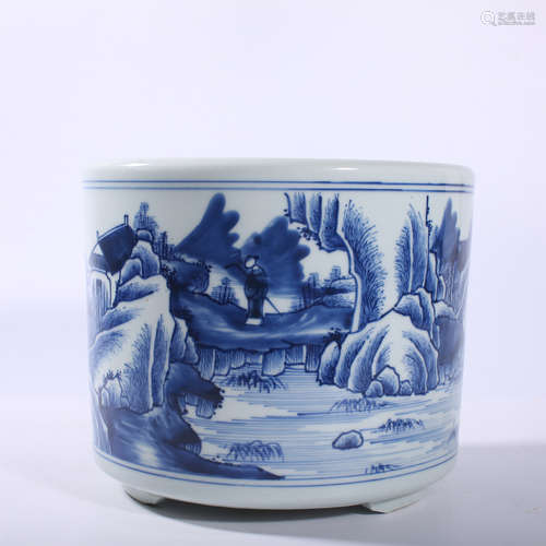 The brush holder with blue and white landscape pattern in Qi...