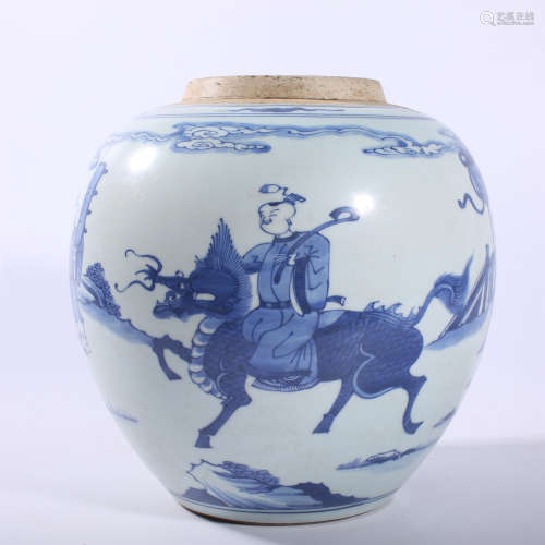 Qing Dynasty blue and white character story pot