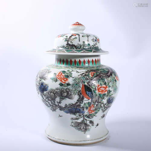 Qing Dynasty Kangxi colorful flower and bird covered jar