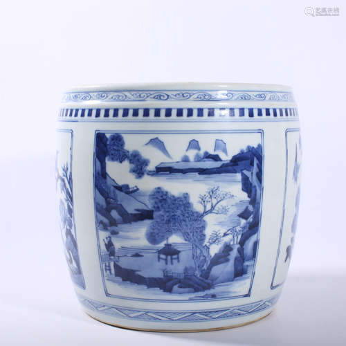 Qing Dynasty Kangxi blue and white landscape design pot