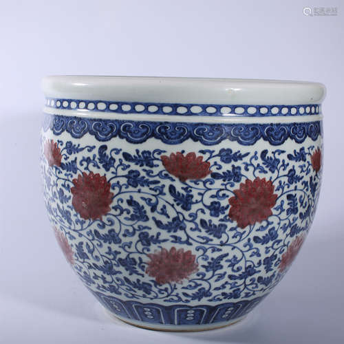 Blue and white underglaze red lotus shaped VAT in Qing Dynas...